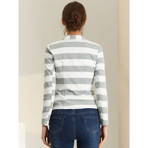 Notched Lapel Pocket Button Closure Striped Blazer Light Grey - Picture 4 of 5